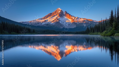 a mountain is reflected in the still water of a lake with pine trees in the foreground and a blue sky in the background.