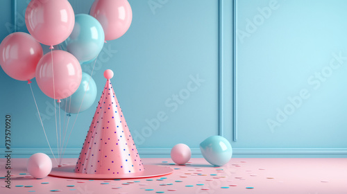  Softly shaded balloons cluster around a pink polka-dotted party hat, with confetti strewn across the surface.