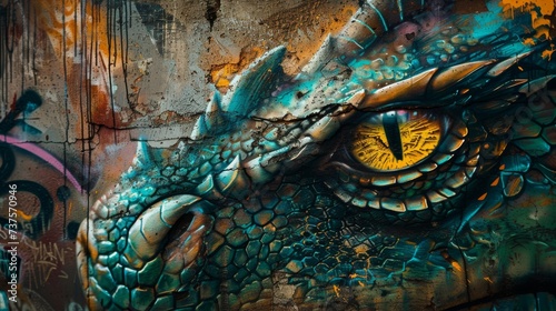 A mesmerizing dragon's eye emerges from a vibrant street mural, showcasing the fusion of traditional and modern art in a single captivating painting photo