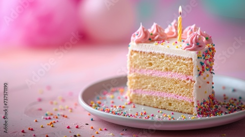  Birthday cake slice with pink frosting and sprinkles  a lit candle atop  on a festive background.