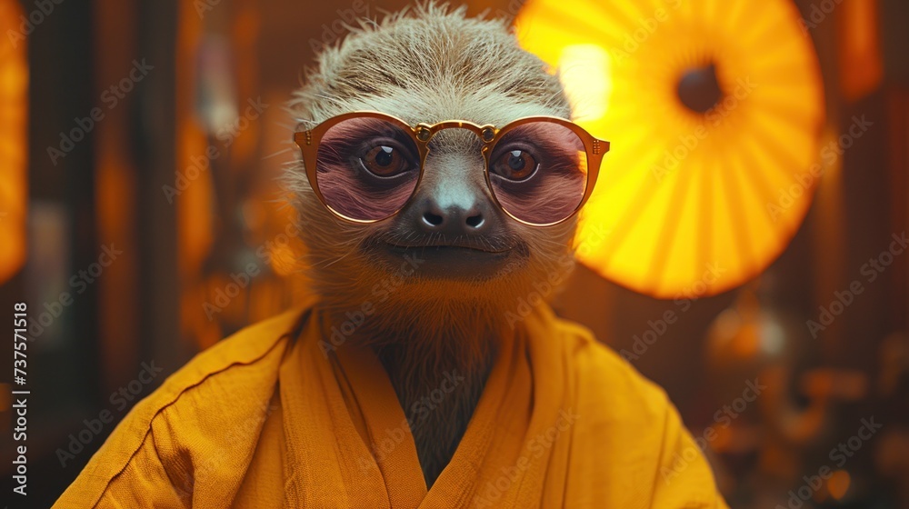a monkey dressed in a yellow robe with glasses on it's face and a fan behind it's head.