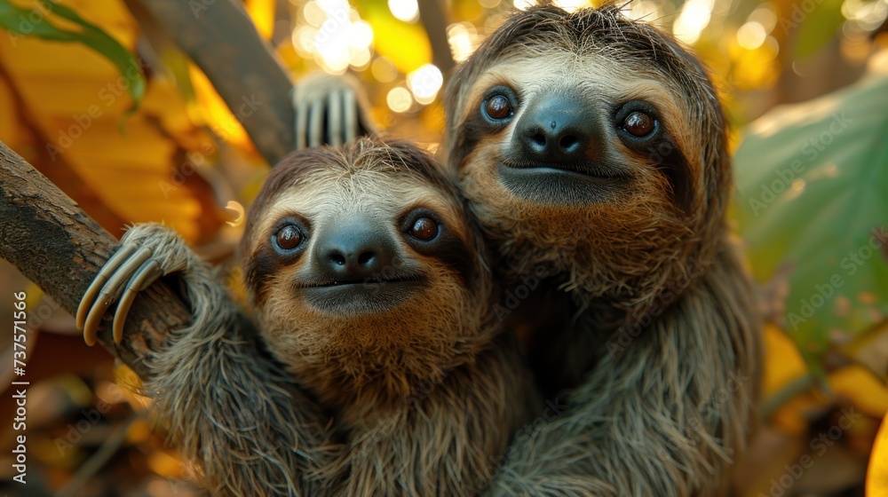 two - toed sloths hanging from a tree branch in a tropical setting with sunlight streaming through the leaves.