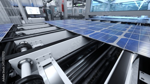 Machinery in cutting edge solar panel warehouse handling photovoltaic modules on large assembly lines. Close up shot of sustainable company manufactured solar cells in facility  3D illustration