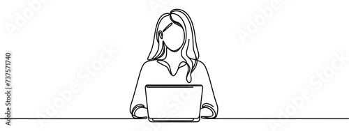 Woman using laptop top view continuous one line drawing. Female office worker, designer hand drawn character. Young girl, lady typing on keyboard minimalistic clipart. Office work vector illustration