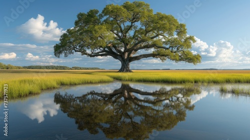 a large tree sitting in the middle of a field next to a body of water with a sky in the background. © Shanti