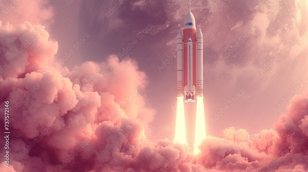 an artist's rendering of a rocket taking off into the sky with smoke billowing from the bottom of the rocket.