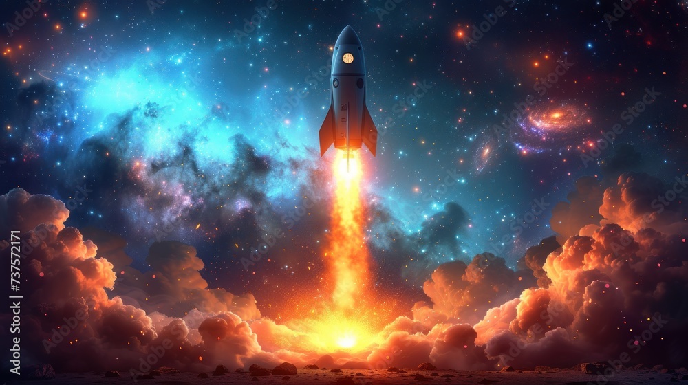 a rocket taking off into the sky with a lot of clouds and a lot of stars in front of it.
