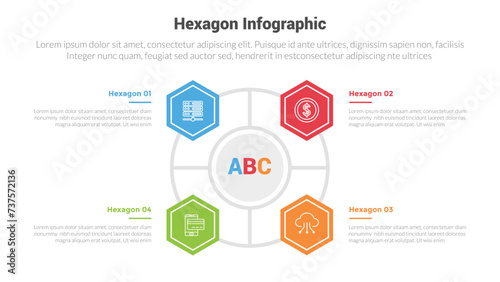 hexagon or hexagonal honeycombs shape infographics template diagram with balance line linked on circle with 4 point step creative design for slide presentation