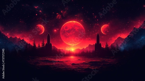 a painting of a landscape with mountains  trees  and a body of water in front of a red moon.