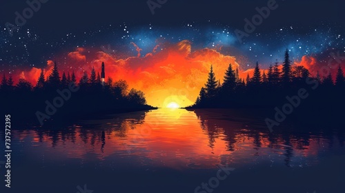 a painting of a sunset over a body of water with trees in the foreground and stars in the sky.