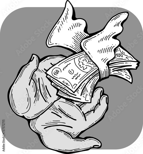 Big dollars banknotes money in your hands. Finance business, commerce, payment economy  theme for poster print, vector elements. Take or give loan. Hand drawn illustration. Cartoon style drawing.