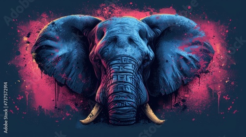 a painting of an elephant's head with red and blue paint splattered on it's face.