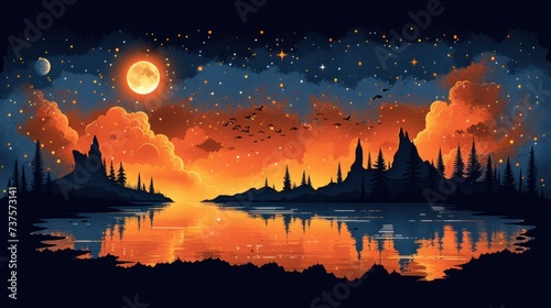 a painting of a lake at night with a full moon in the sky and stars in the sky above it.