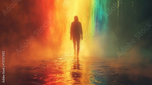 a person standing in the middle of a room with a rainbow colored wall in the background and a person standing in the middle of the room with a rainbow colored wall in the background.
