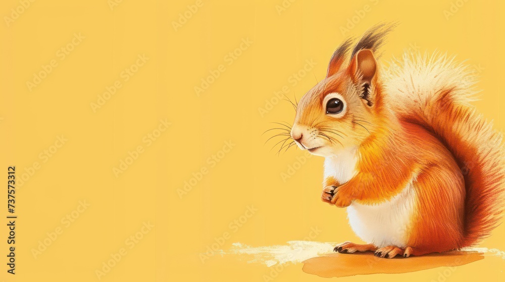a painting of a squirrel standing on its hind legs with its front paws on it's hind legs, with a yellow background.