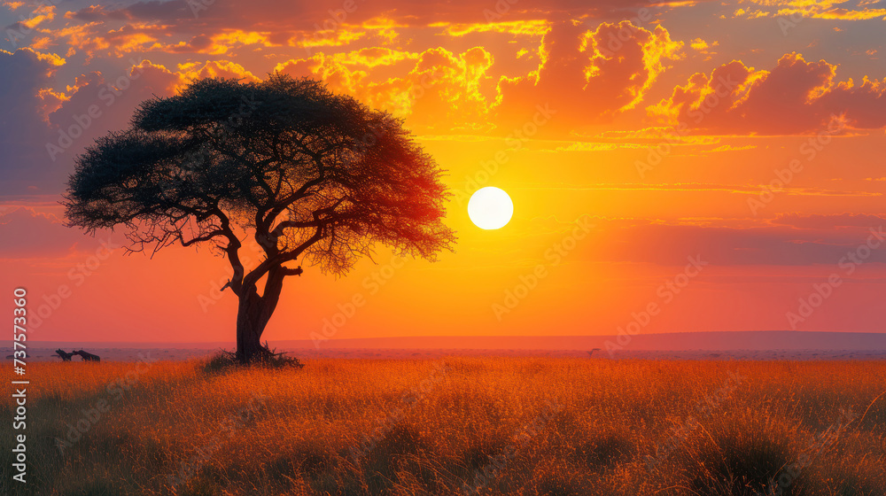 the sun is setting over a field with a tree in the foreground and a giraffe in the distance.