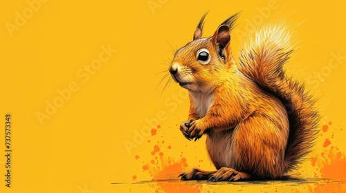Tela a painting of a squirrel standing on its hind legs with its front paws on it's hind legs, with a yellow background