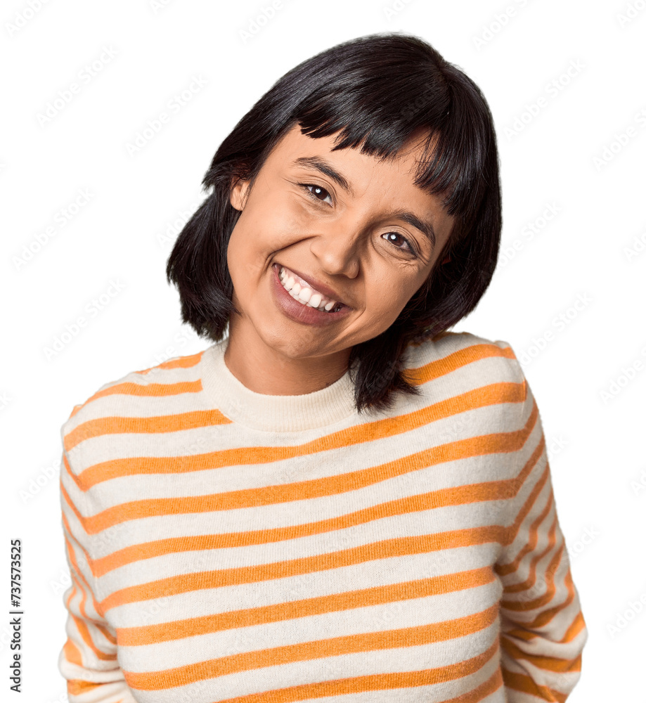 Young Hispanic woman with short black hair in studio happy, smiling and cheerful. Young Hispanic woman with short black hair in studio happy, smiling and cheerful.