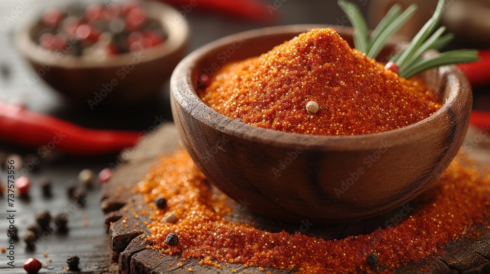 a wooden bowl filled with red seasoning next to a wooden bowl filled with red pepper and a sprig of rosemary. a wooden bowl filled with red seasoning next to a wooden bowl filled with red pepper and a sprig of rosemary.