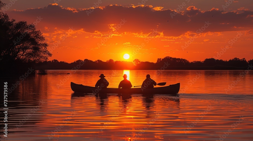 a couple of people in a boat on a body of water with the sun setting in the sky behind them.