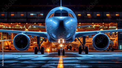a large jetliner sitting on top of a tarmac next to an airport tarmac with lights on it. photo