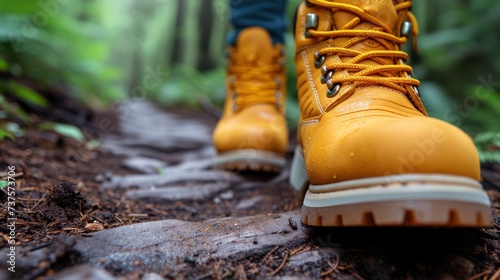 a close up of a person wearing a pair of yellow boots on a trail in the middle of a forest.