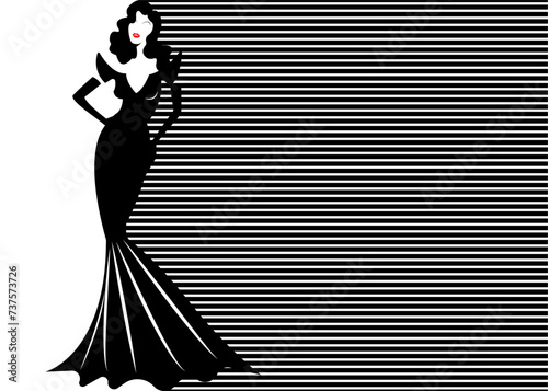 Fashion model in black and white striped background, woman in glamour long black dress vogue style. Vector banner template illustration