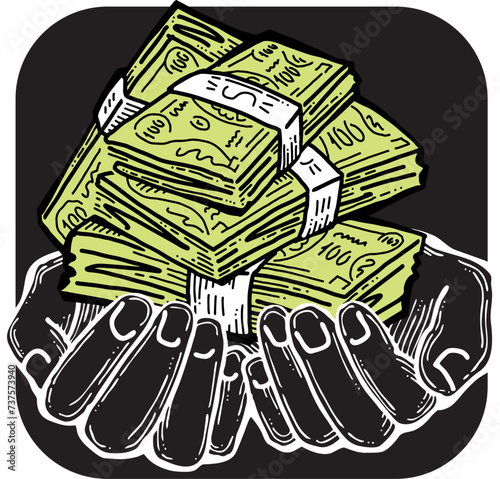 Big dollars banknotes money in your hands. Finance business, commerce, payment economy  theme for poster print, vector elements. Take or give loan. Hand drawn illustration. Cartoon style drawing.