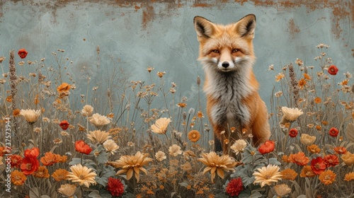 a painting of a fox standing in a field of flowers with a rusted metal wall in the back ground.