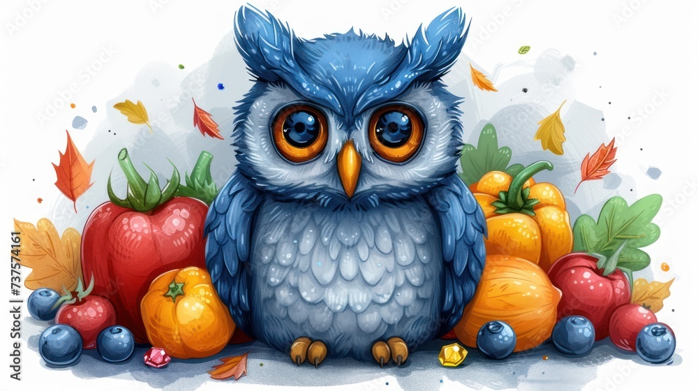 a blue owl sitting on top of a pile of fruit next to a pile of oranges and raspberries.