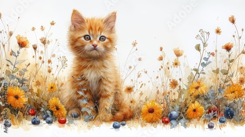 a painting of a kitten sitting in the middle of a field of wildflowers with a blue eyed look on its face.