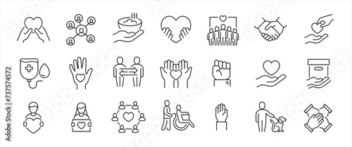 Volunteer simple minimal thin line icons. Related charity, aid, awareness, donation. Editable stroke. Vector illustration.
