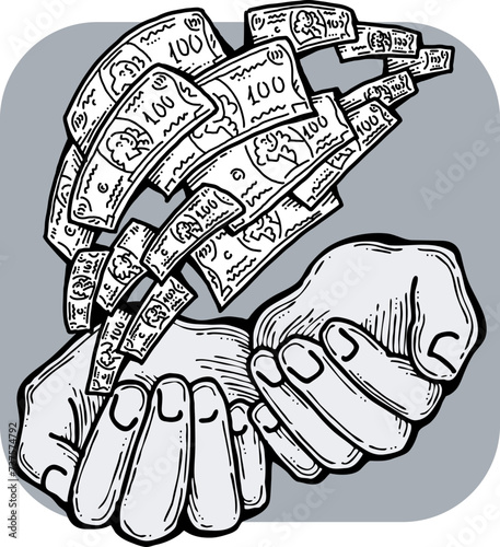 Big dollars banknotes money in your hands. Finance business, commerce, payment economy  theme for poster print, vector elements. Take or give loan. Hand drawn illustration. Cartoon style drawing.