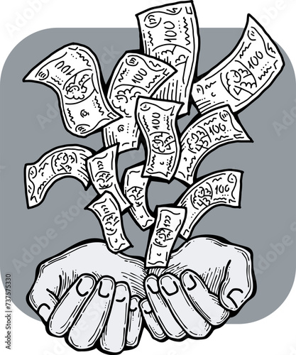 Big dollars banknotes money in your hands. Finance business, commerce, payment economy  theme for poster print, vector elements. Take or give loan. Hand drawn illustration. Cartoon style drawing.