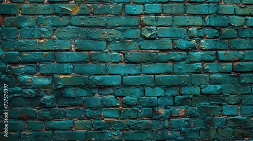 a close up of a brick wall that has been painted blue and has peeling paint on the side of it.