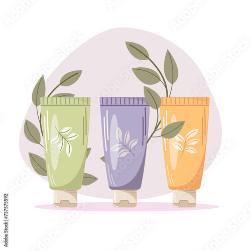 Vector isolated illustration of three different cream packages. Beauty, skin care, body care, hand cream, sunscreen.
