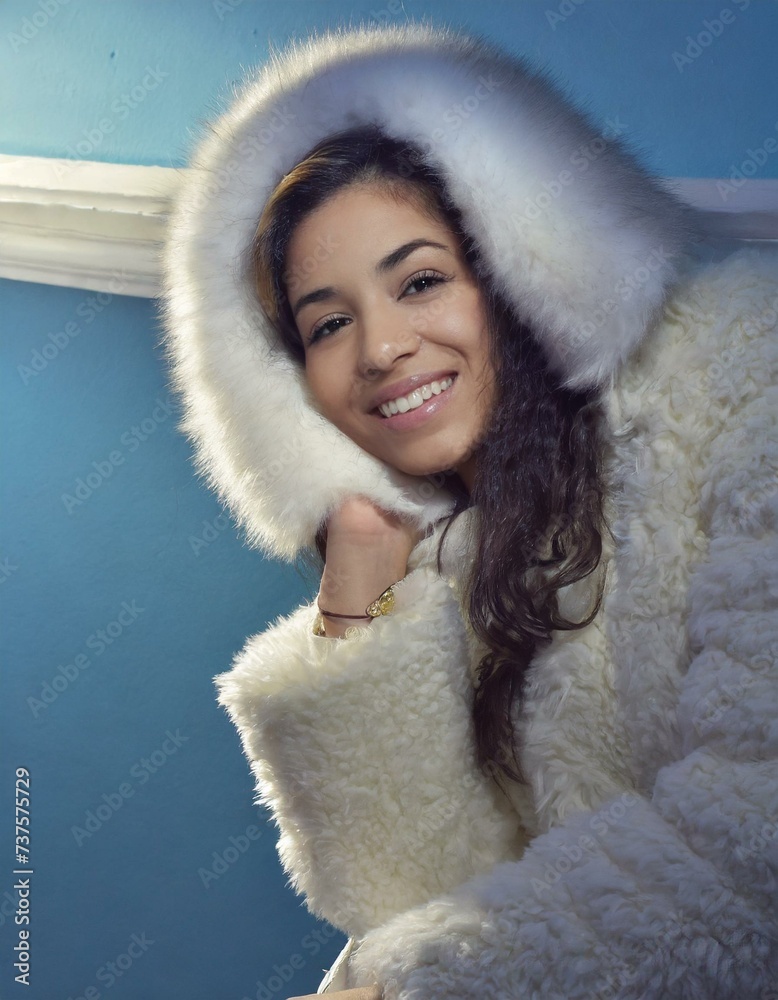 Close up portrait of a beautiful girl in a fur coat isolated in blue background Close up portrait of a beautiful girl in a fur coat isolated in blue background