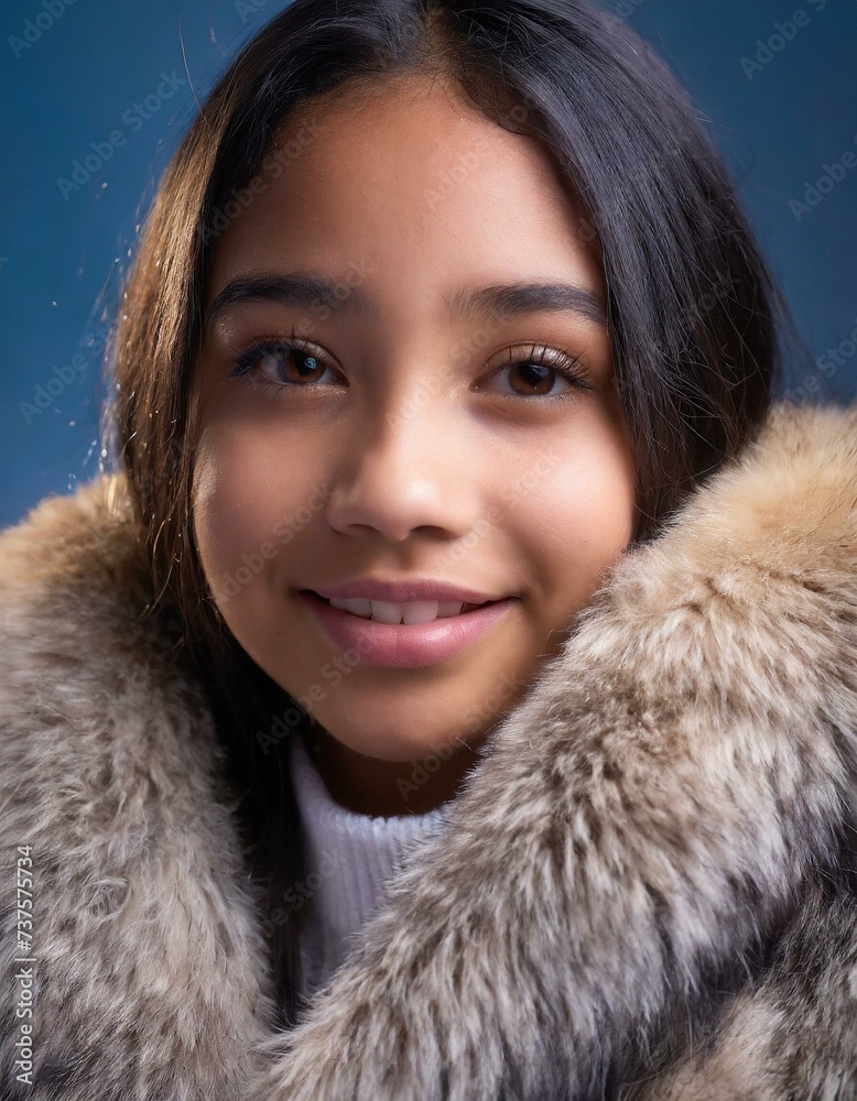 Close up portrait of a beautiful girl in a fur coat isolated in blue background Close up portrait of a beautiful girl in a fur coat isolated in blue background