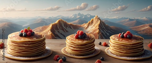Pancakes against mountains, mountains made of pancakes. Bannrer, poster for pancake restaurant, children's room, postcards, pancake day. Generative AI