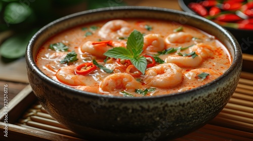 a bowl of soup with shrimp and garnishes on a bamboo mat next to a bowl of vegetables.
