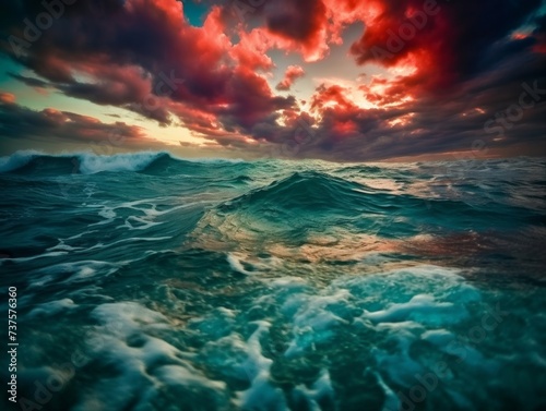 Dramatic Ocean Waves Under a Fiery Sky at Sunset