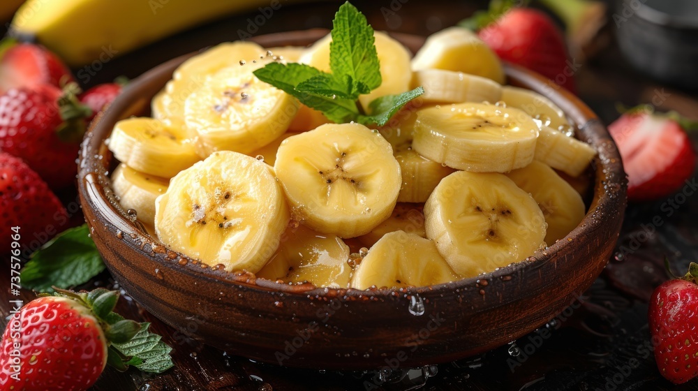 a wooden bowl filled with sliced bananas and strawberries next to a pile of strawberries and a banana on a table. a wooden bowl filled with sliced bananas and strawberries next to a pile of strawberries and a banana on a table.