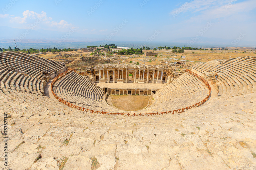 Pamukkale, Turkey: theater of Hierapolis within ancient city of Turkey, Well-preserved theater could once accommodate up to 15,000 spectators who gathered here for various performances.