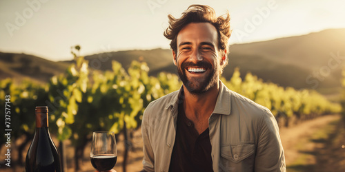 Portrait of a handsome young man tasting red wine in vineyard photo