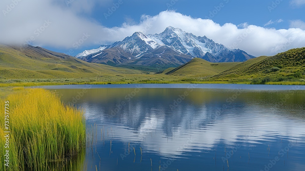a large body of water surrounded by green hills and a large snow capped mountain in the distance with a few clouds in the sky.