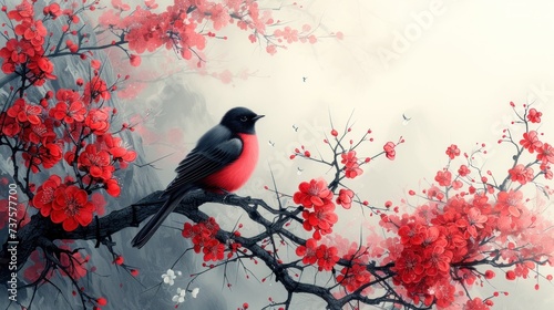 a red and black bird sitting on a branch of a tree with red flowers in the foreground and a foggy sky in the background.