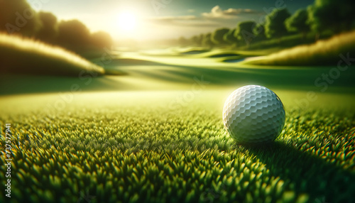 Golf Ball Poised on Lush Green Grass Under Warm Sunlight