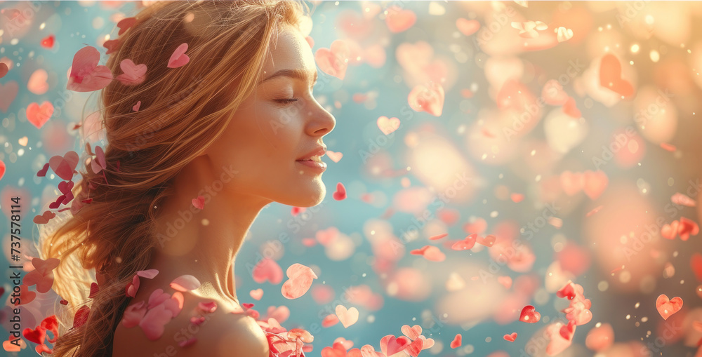 a woman with her eyes closed and her hair blowing in the wind with hearts all over her face and her eyes closed. a woman with her eyes closed and her hair blowing in the wind with hearts all over her face and her eyes closed.