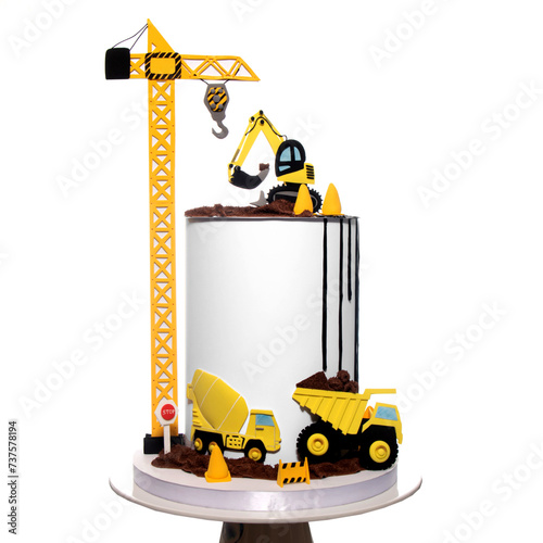 Birthday cake with constructions site decor, cars, crane and excavator