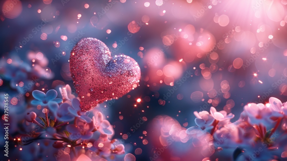 a pink heart shaped object sitting on top of a pink flower covered in water droplets on a blue and pink background.